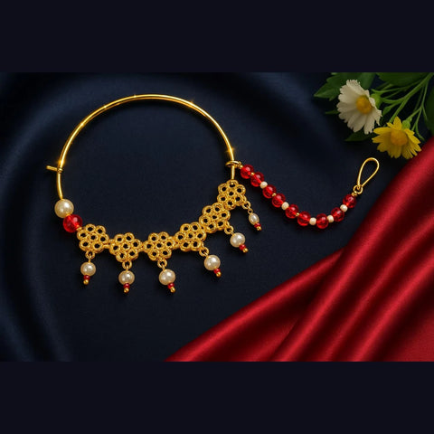 Bridal Gold-Plated Nose Ring with Pearls & Red Beads (Nath with Lari)