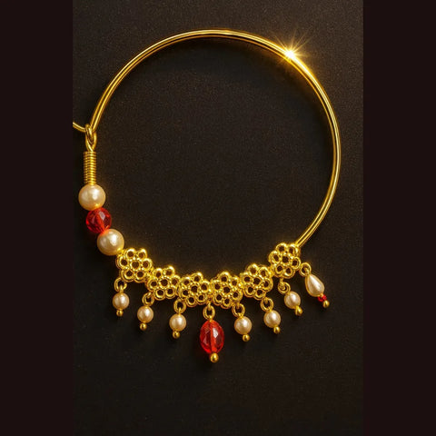 Bridal Gold-Plated Nose Ring with Pearls & Red Beads (Nath with Lari)