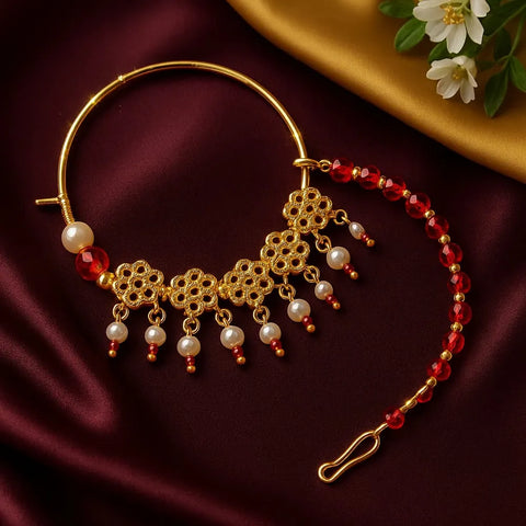 Bridal Gold-Plated Nose Ring with Pearls & Red Beads (Nath with Lari)