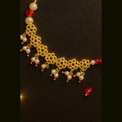 Bridal Gold-Plated Nose Ring with Pearls & Red Beads (Nath with Lari)