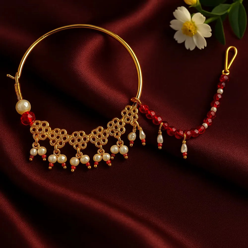 Bridal Gold-Plated Nose Ring with Pearls & Red Beads (Nath with Lari)