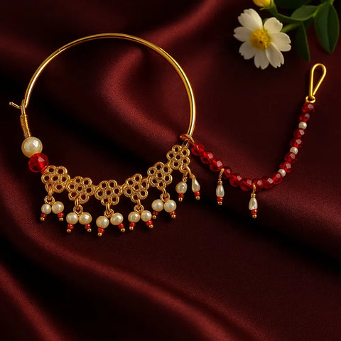 Bridal Gold-Plated Nose Ring with Pearls & Red Beads (Nath with Lari)