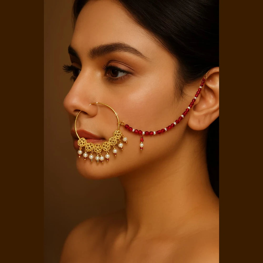 Bridal Gold-Plated Nose Ring with Pearls & Red Beads (Nath with Lari)