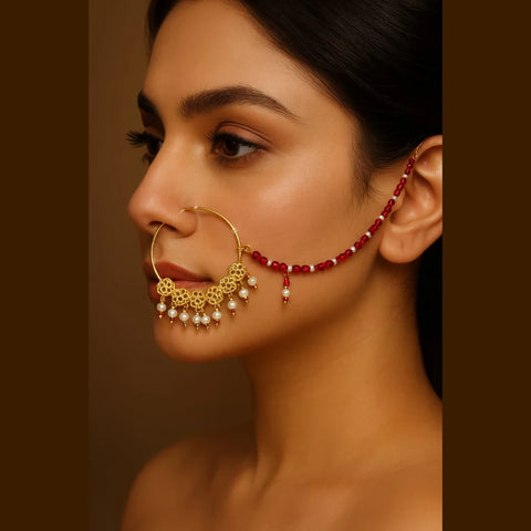 Bridal Gold-Plated Nose Ring with Pearls & Red Beads (Nath with Lari)