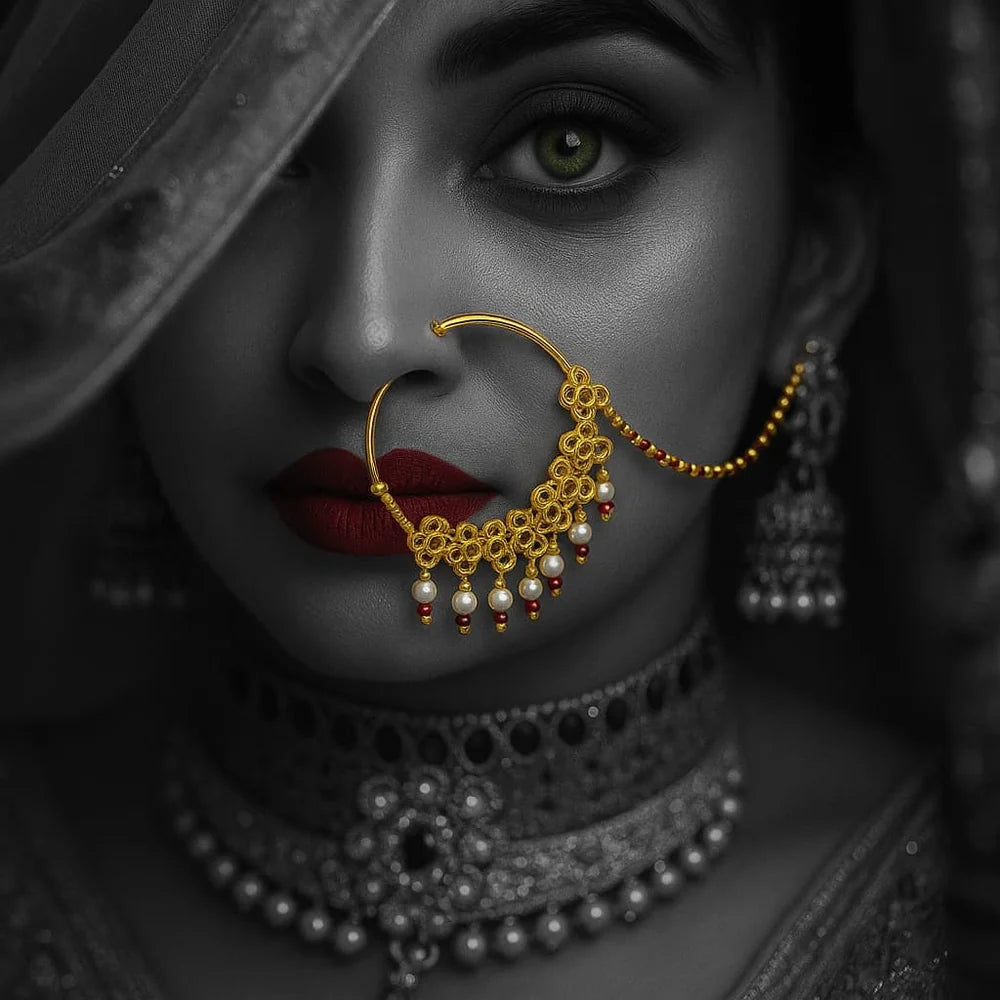 Bridal Gold-Plated Nose Ring with Pearls & Red Beads (Nath with Lari)