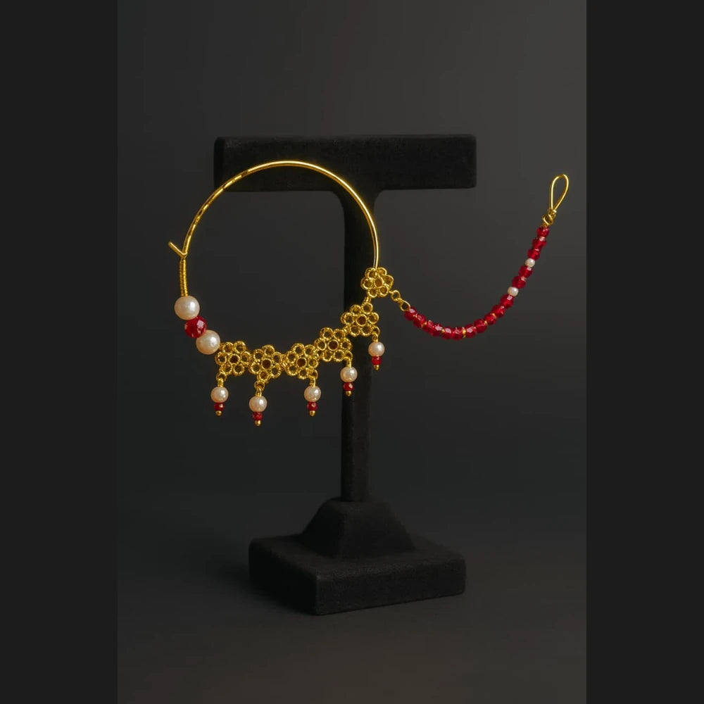 Bridal Gold-Plated Nose Ring with Pearls & Red Beads (Nath with Lari)