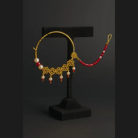 Bridal Gold-Plated Nose Ring with Pearls & Red Beads (Nath with Lari)