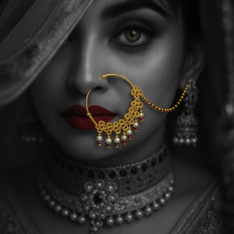 Bridal Gold-Plated Nose Ring with Pearls & Red Beads (Nath with Lari)
