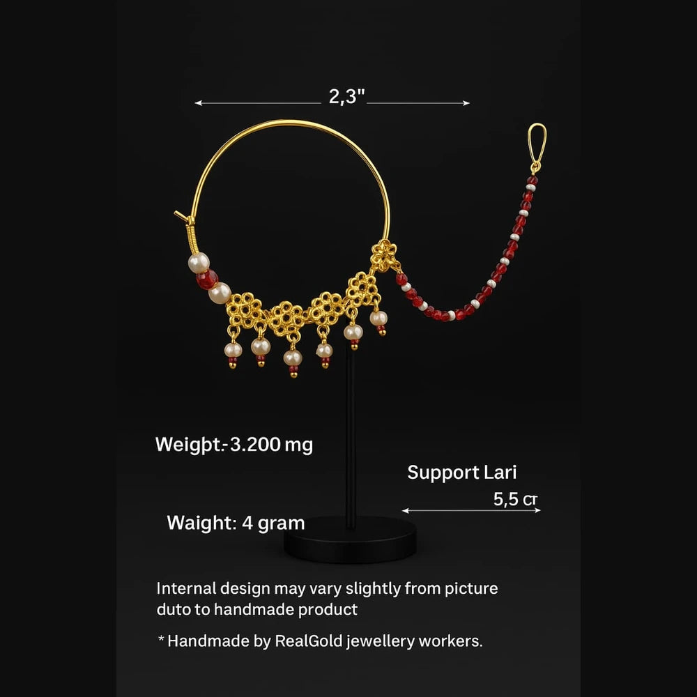 Bridal Gold-Plated Nose Ring with Pearls & Red Beads (Nath with Lari)