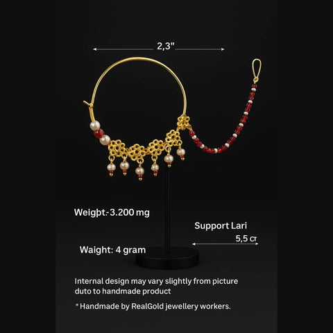 Bridal Gold-Plated Nose Ring with Pearls & Red Beads (Nath with Lari)