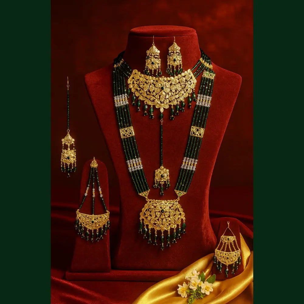 Product image of Gold Plated Green Bridal Necklace Set with Earrings – image 1