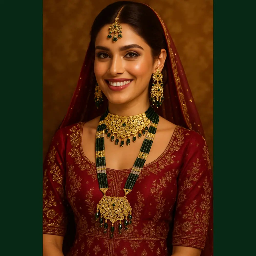 Product image of Bridal Kundan Jewellery Set Green Beaded Necklace Earrings – image 3