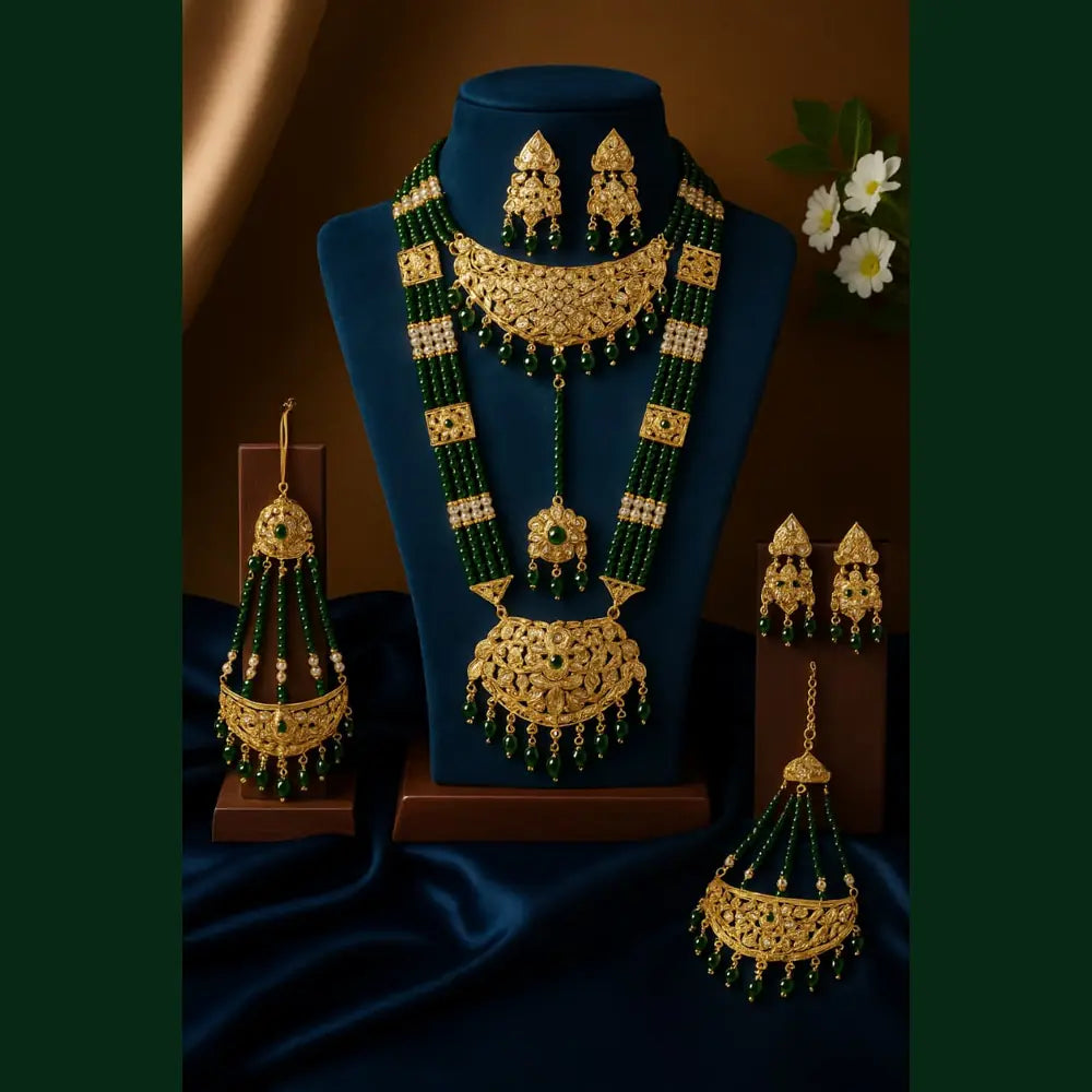 Product image of Bridal Kundan Jewellery Set Green Beaded Necklace Earrings – image 2