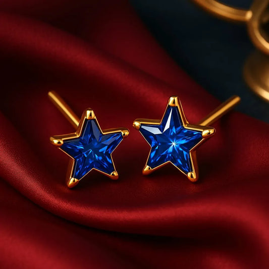 Zhome Onegram Gold Blue Star Ladies Studs – Handmade RealGold Look with Blue Crystal Stone, Copper Base