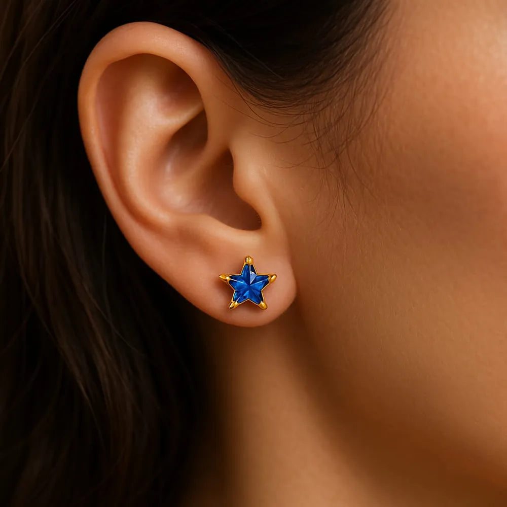 Zhome Onegram Gold Blue Star Ladies Studs – Handmade RealGold Look with Blue Crystal Stone, Copper Base
