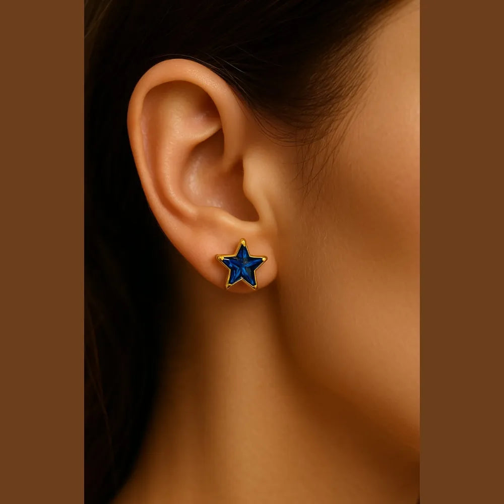 Zhome Onegram Gold Blue Star Ladies Studs – Handmade RealGold Look with Blue Crystal Stone, Copper Base