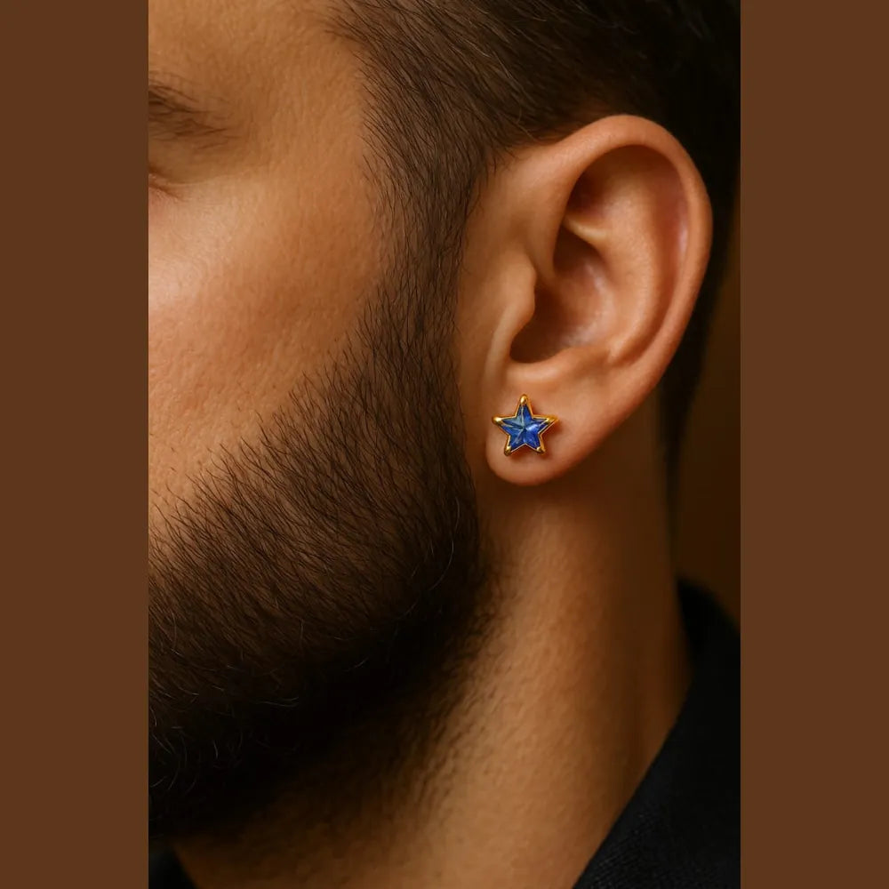 Zhome Onegram Gold Blue Star Unisex Studs – RealGold Finish, Copper Base, Handmade Glossy Shine Jewelry