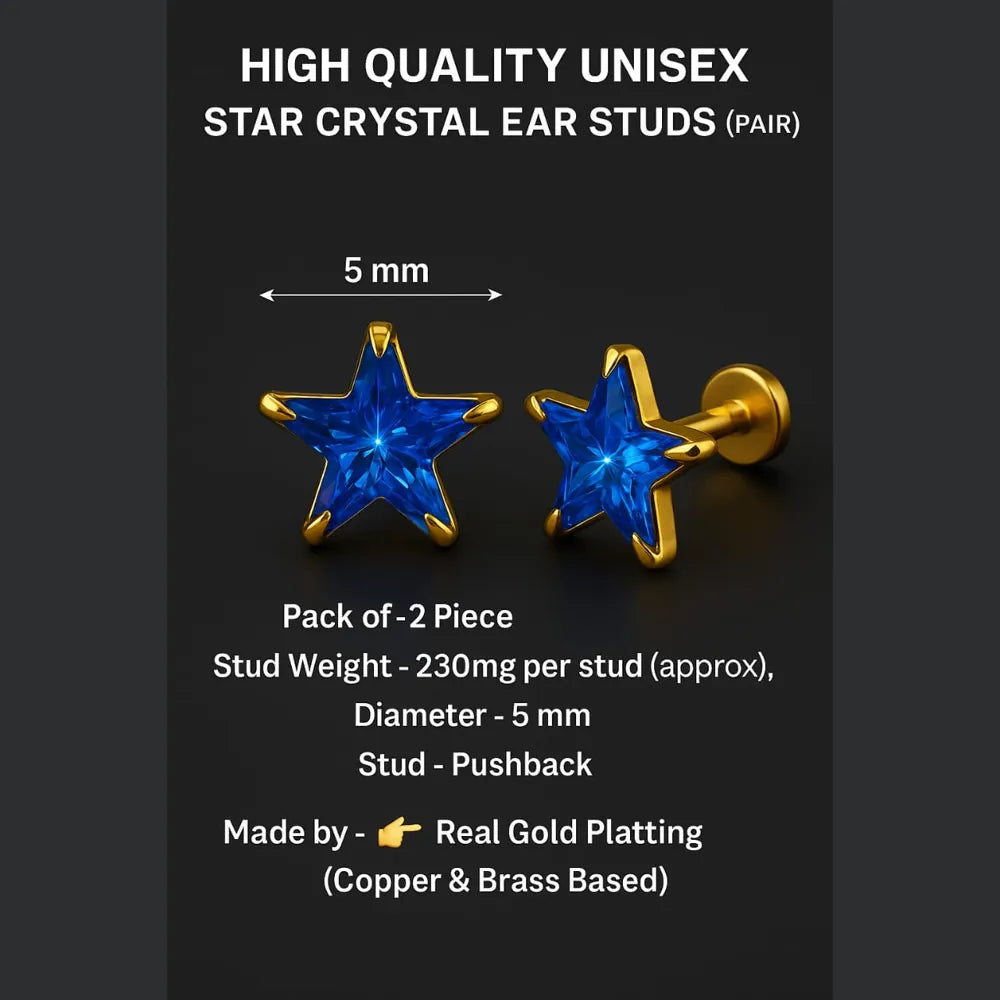 Zhome Onegram Gold Blue Star Unisex Studs – RealGold Finish, Copper Base, Handmade Glossy Shine Jewelry