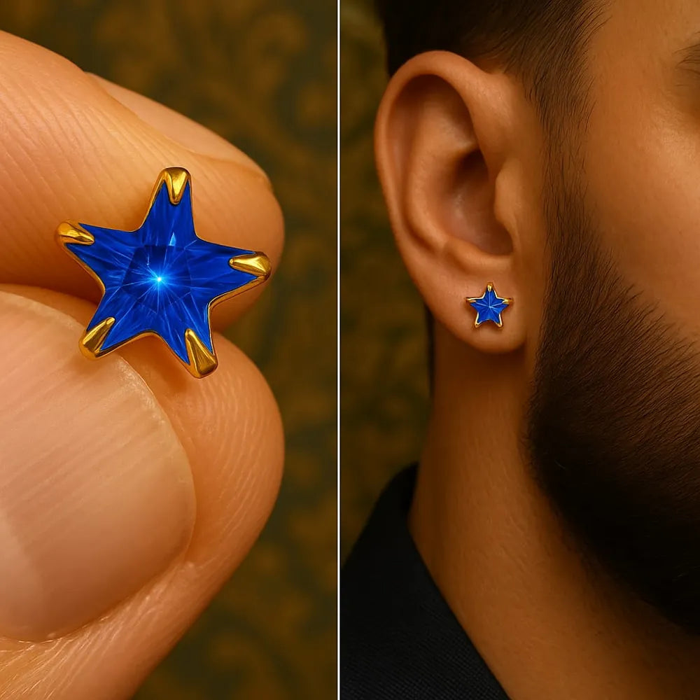 Zhome Onegram Gold Blue Star Unisex Studs – RealGold Finish, Copper Base, Handmade Glossy Shine Jewelry