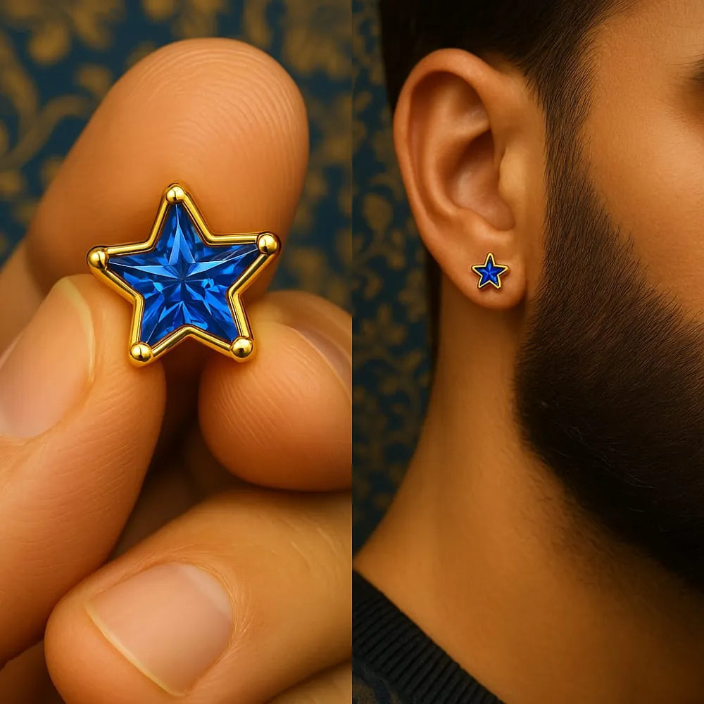 Zhome Onegram Gold Blue Star Unisex Studs – RealGold Finish, Copper Base, Handmade Glossy Shine Jewelry