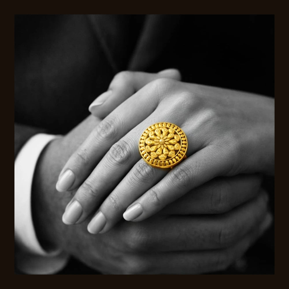 Round Filigree Gold-Look Adjustable Statement Ring | Onegram Gold Plated | Handmade