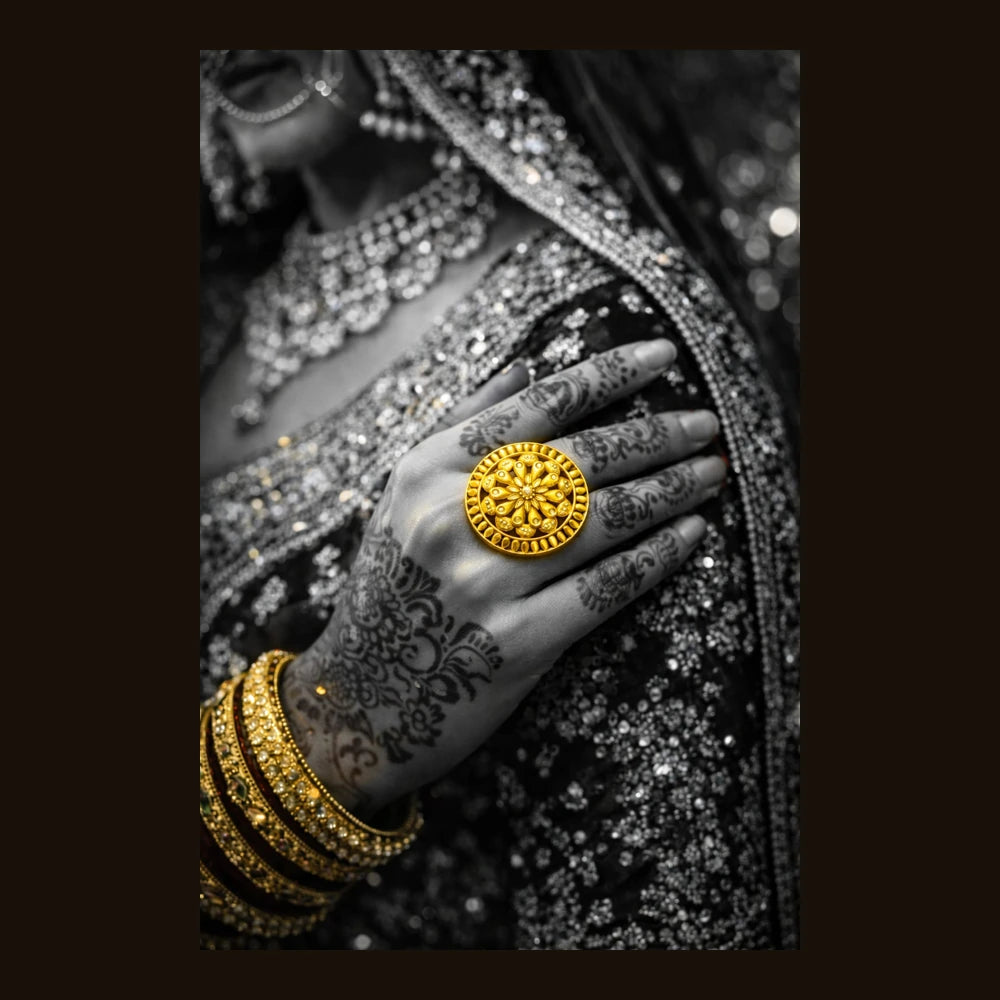 Round Filigree Gold-Look Adjustable Statement Ring | Onegram Gold Plated | Handmade
