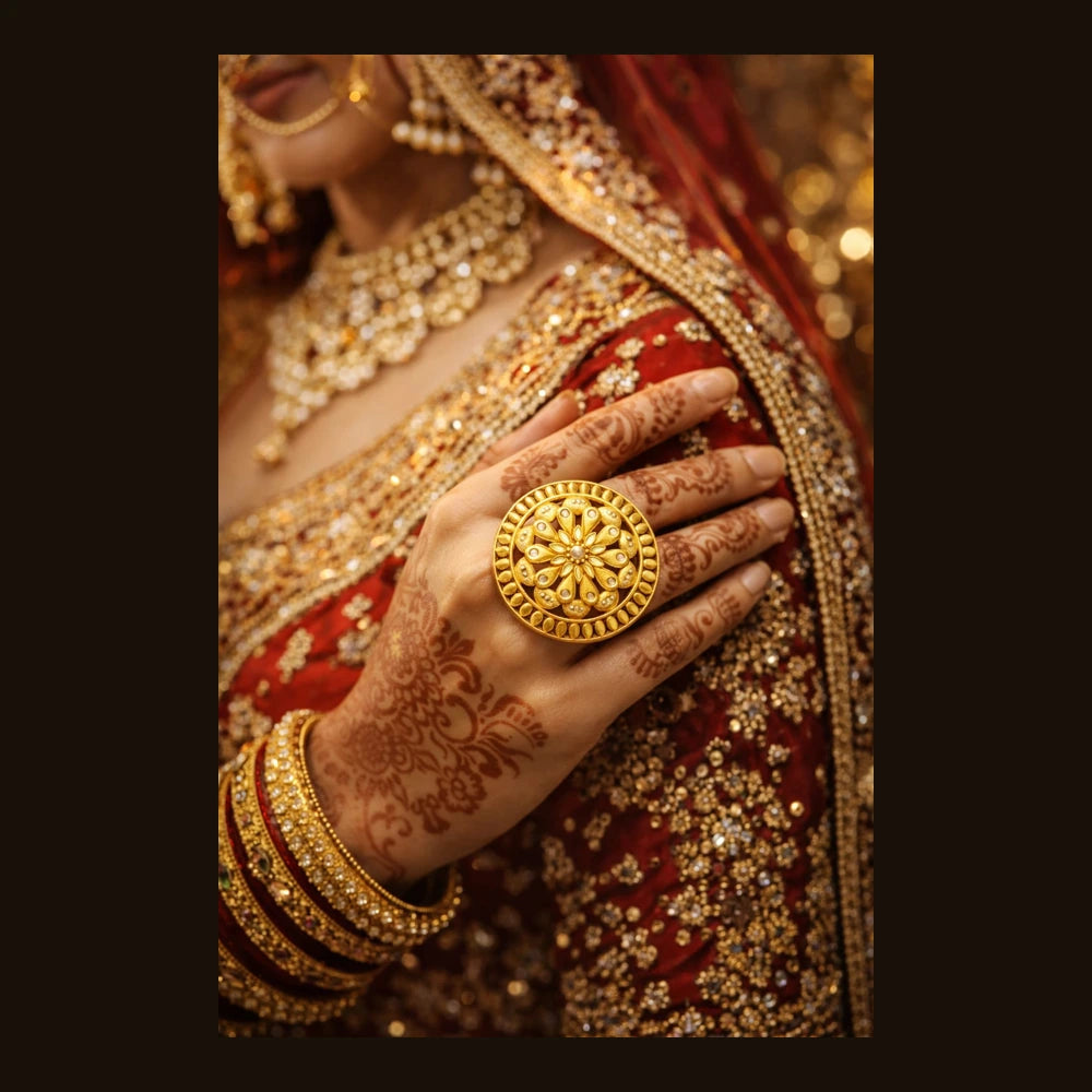Round Filigree Gold-Look Adjustable Statement Ring | Onegram Gold Plated | Handmade