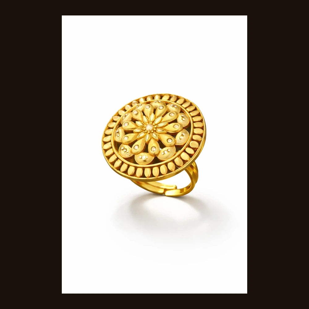 Round Filigree Gold-Look Adjustable Statement Ring | Onegram Gold Plated | Handmade