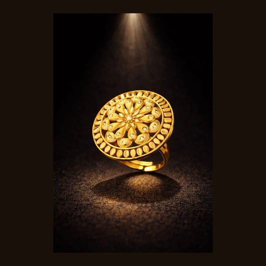 Round Filigree Gold-Look Adjustable Statement Ring | Onegram Gold Plated | Handmade