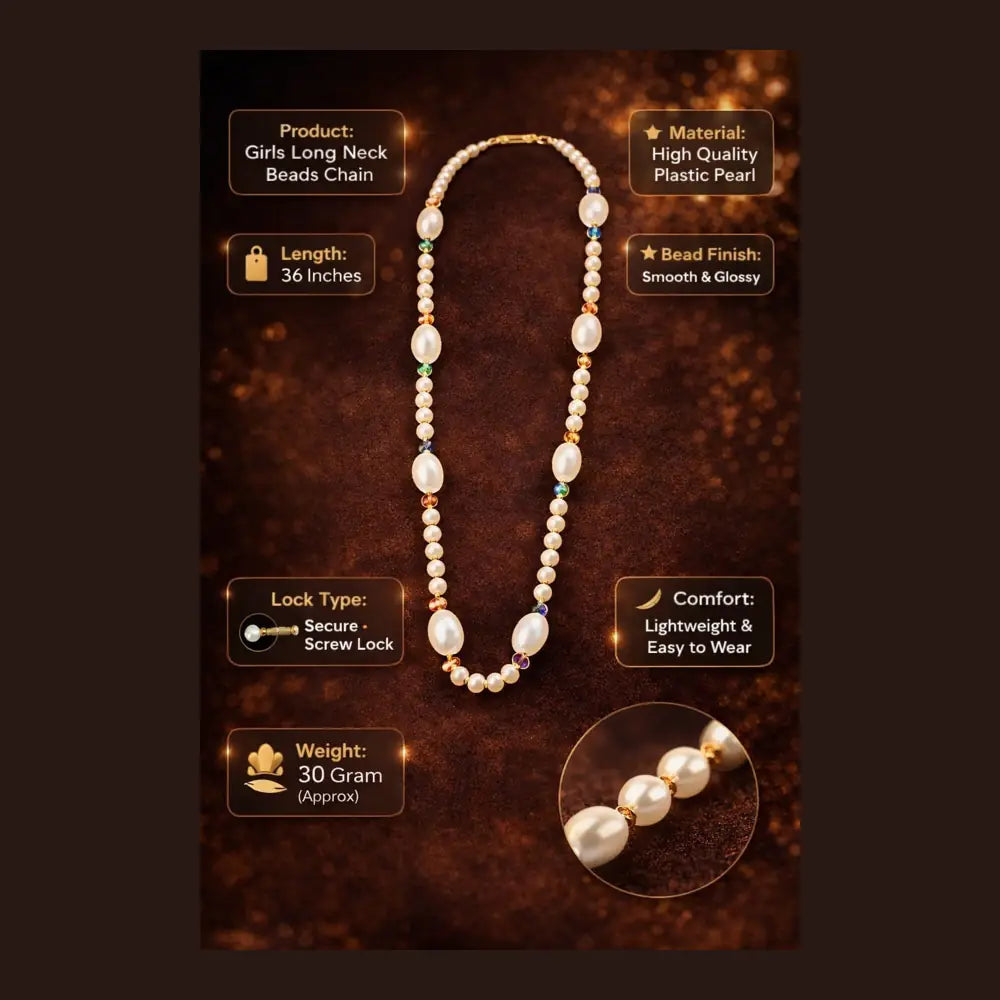 Elegant Multi-Color Plastic Pearl Long Chain – 36" Screw Lock