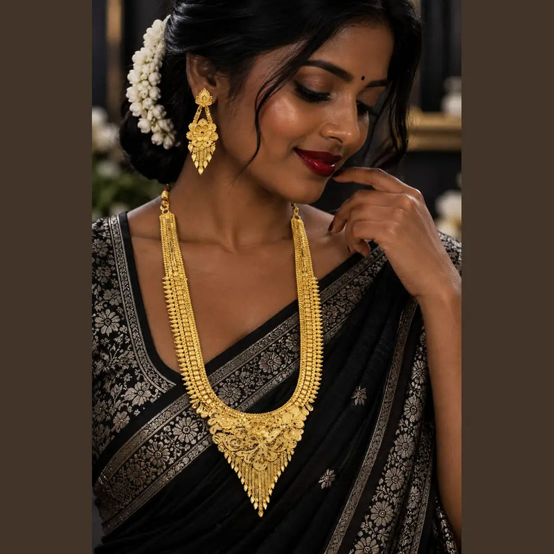 Royal Gold-Plated Bridal Jewellery Set – Long Haar, Choker & Earrings