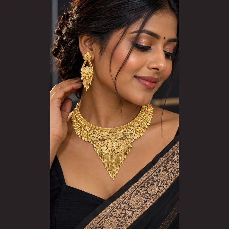 Royal Gold-Plated Bridal Jewellery Set – Long Haar, Choker & Earrings