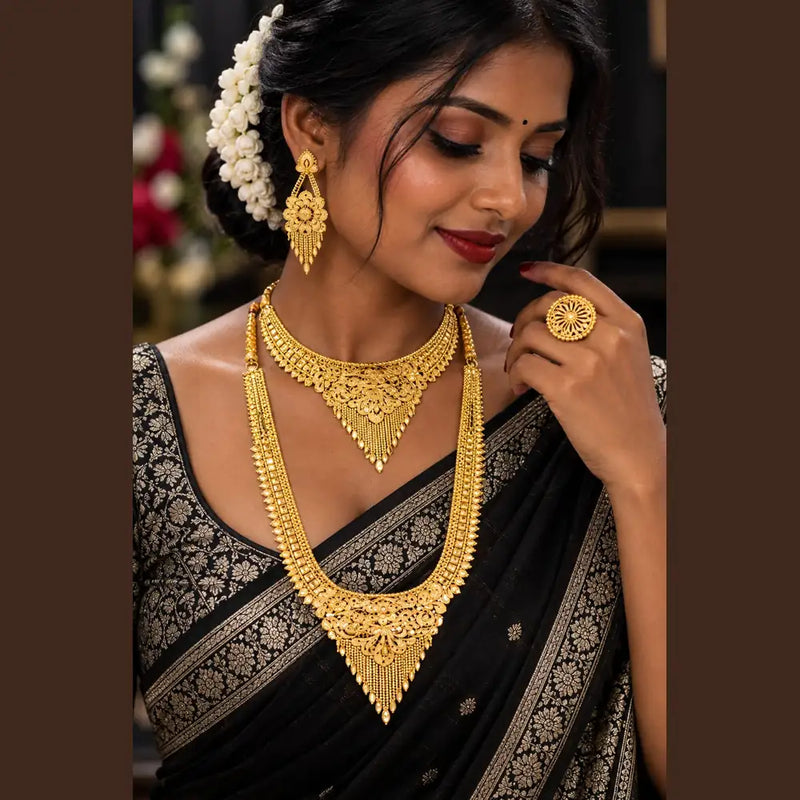 Royal Gold-Plated Bridal Jewellery Set – Long Haar, Choker & Earrings