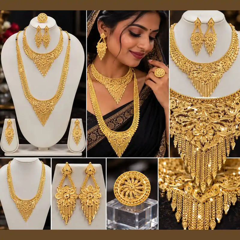 Royal Gold-Plated Bridal Jewellery Set – Long Haar, Choker & Earrings