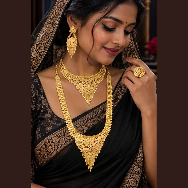 Royal Gold-Plated Bridal Jewellery Set – Long Haar, Choker & Earrings