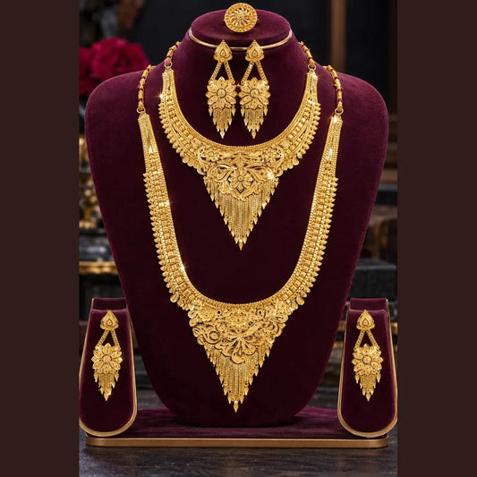 Royal Gold-Plated Bridal Jewellery Set – Long Haar, Choker & Earrings