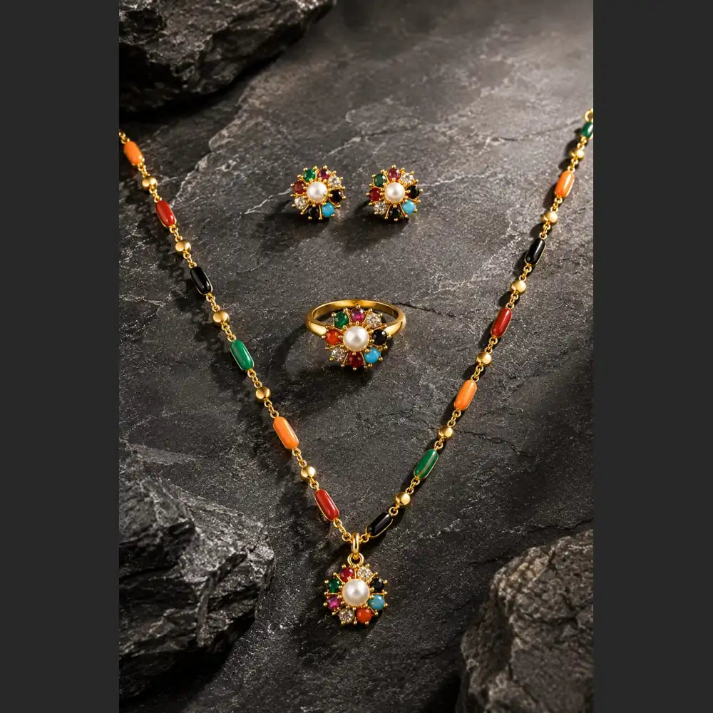 ZHome Multicolor Pearl Pendant Set with Earrings & Ring | Premium Gold Plated Jewellery for Women