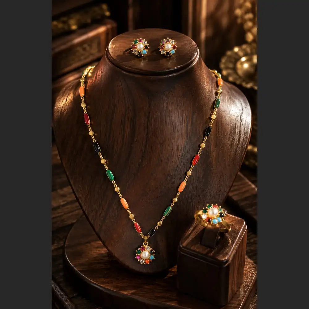 ZHome Multicolor Pearl Pendant Set with Earrings & Ring | Premium Gold Plated Jewellery for Women
