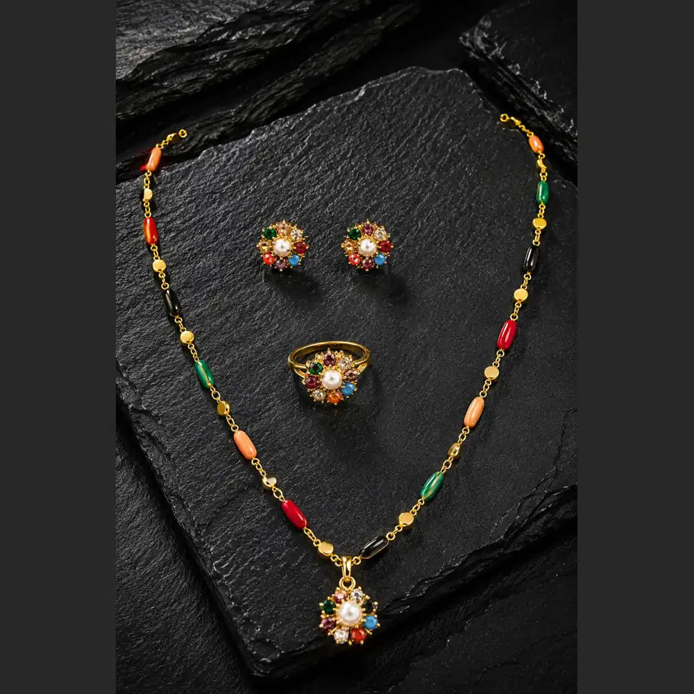 ZHome Multicolor Pearl Pendant Set with Earrings & Ring | Premium Gold Plated Jewellery for Women