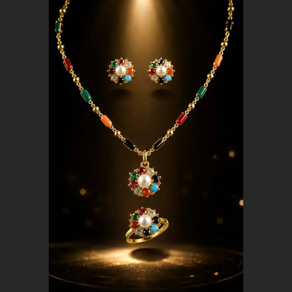 ZHome Multicolor Pearl Pendant Set with Earrings & Ring | Premium Gold Plated Jewellery for Women