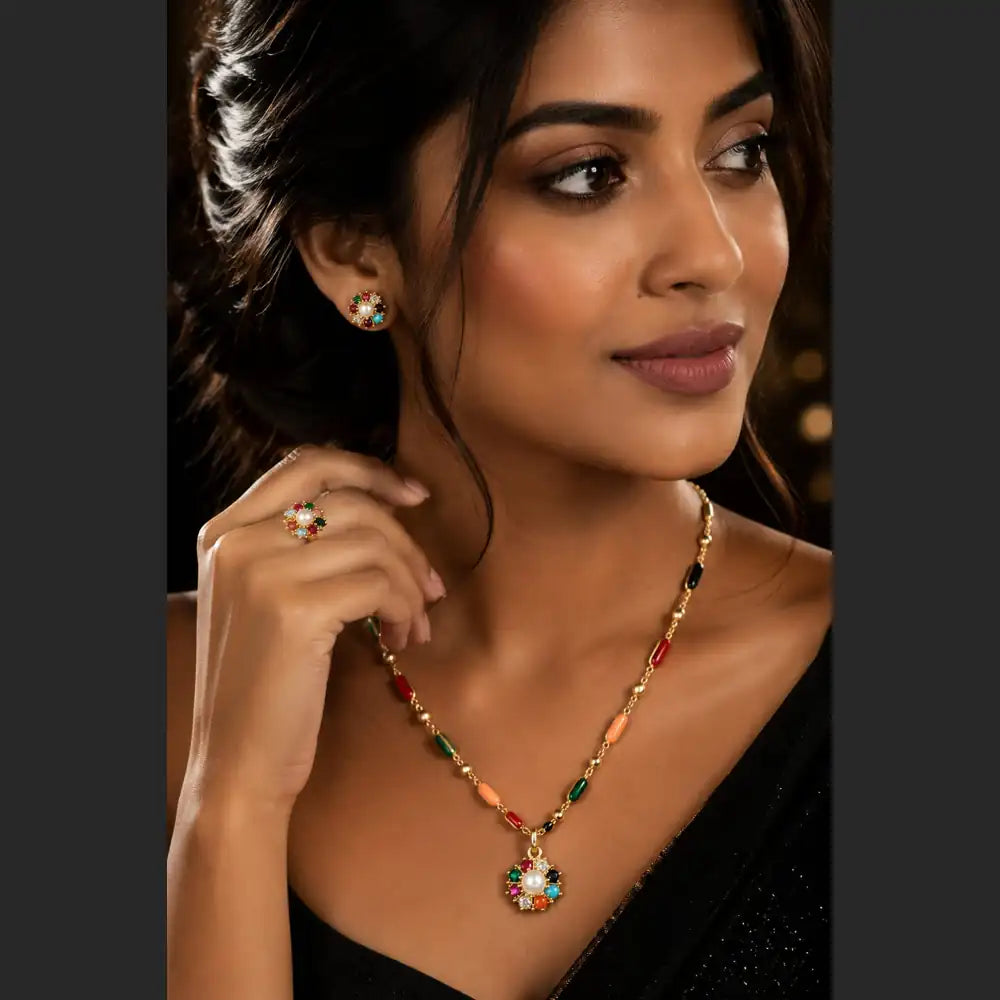 ZHome Multicolor Pearl Pendant Set with Earrings & Ring | Premium Gold Plated Jewellery for Women