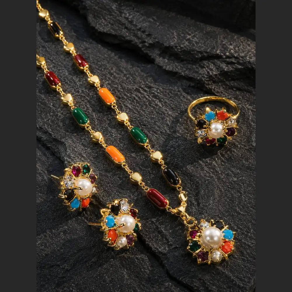 ZHome Multicolor Pearl Pendant Set with Earrings & Ring | Premium Gold Plated Jewellery for Women