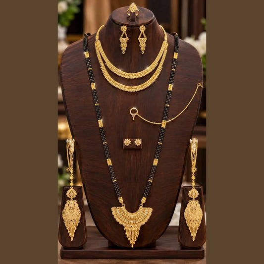 Exclusive Onegram Gold Heavy Ranihaar Double Necklace Set with Earrings | Bridal Long Temple-Style Design | Handmade Copper-Based
