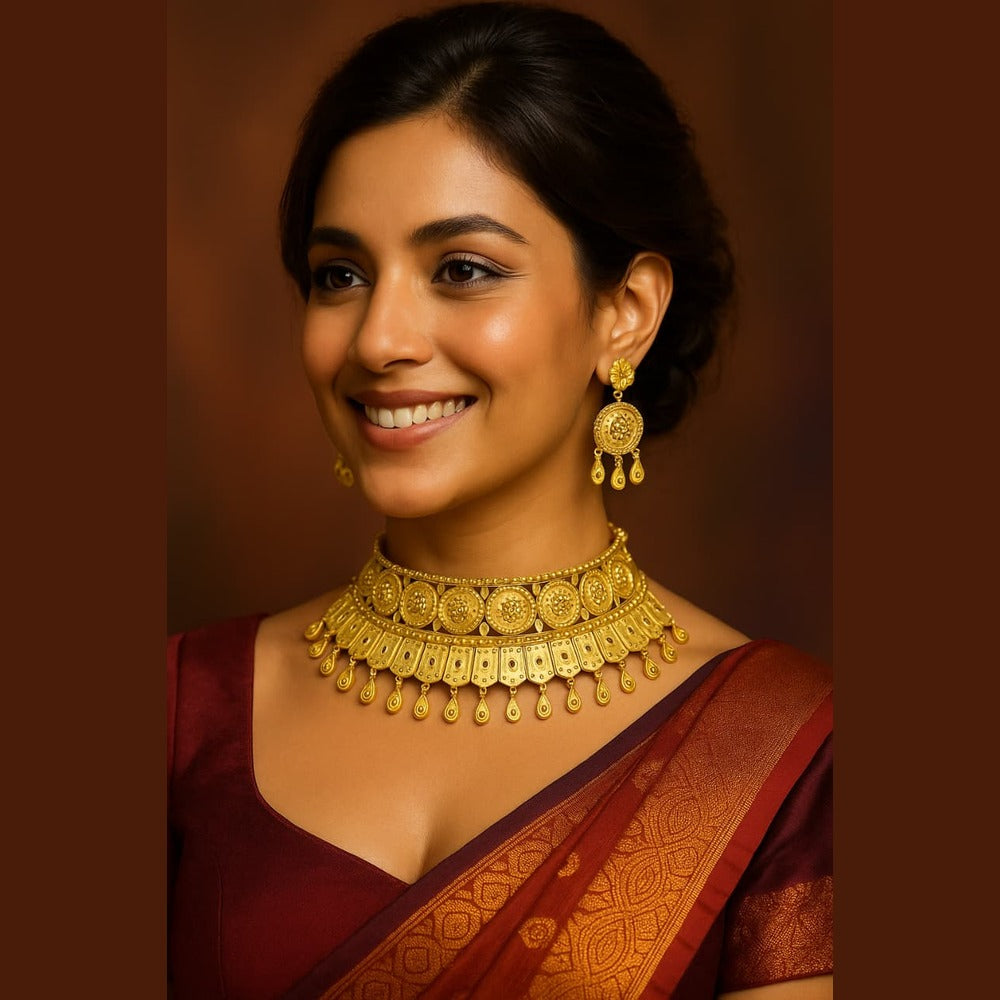 Model wearing onegram gold choker and earrings, maroon saree look