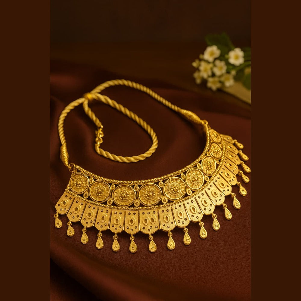 Full choker and earrings set on teal dummy with floral prop