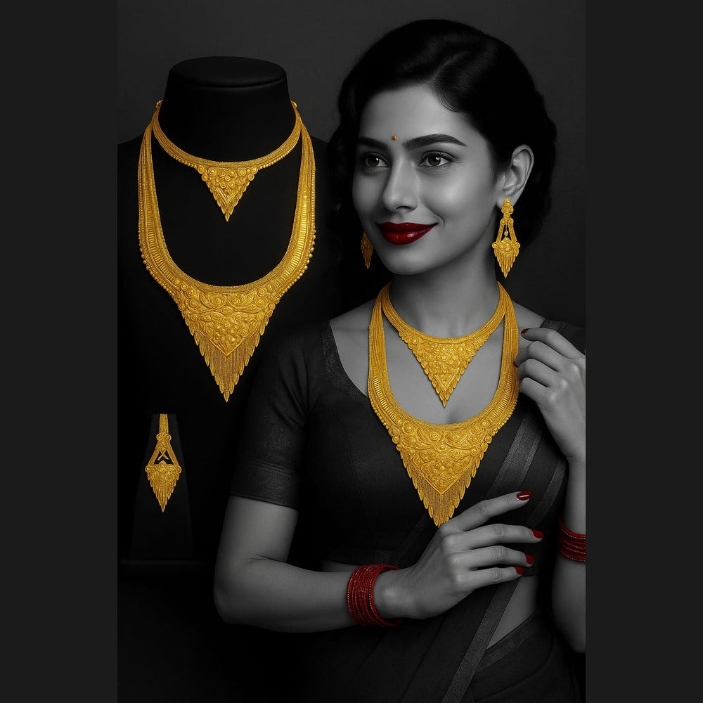 Exclusive Onegram Gold Heavy Ranihaar Double Necklace Set with Earrings | Bridal Long Temple-Style Design | Handmade Copper-Based