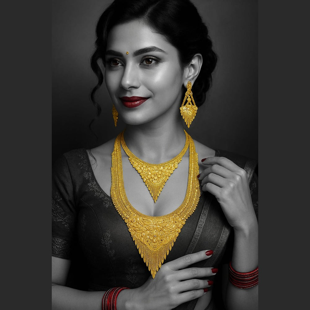 Exclusive Onegram Gold Heavy Ranihaar Double Necklace Set with Earrings | Bridal Long Temple-Style Design | Handmade Copper-Based