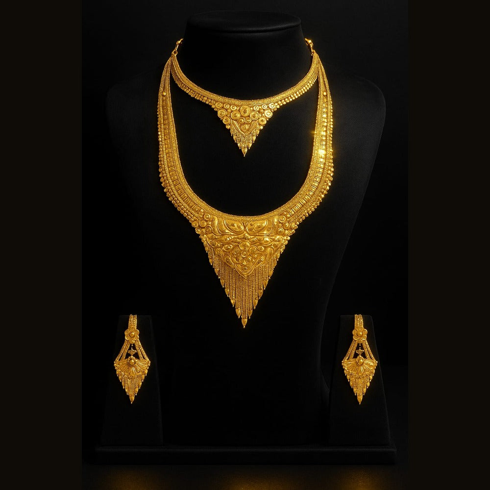 Exclusive Onegram Gold Heavy Ranihaar Double Necklace Set with Earrings | Bridal Long Temple-Style Design | Handmade Copper-Based
