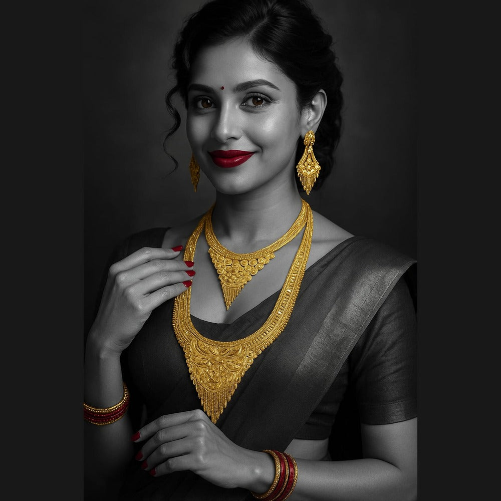 Exclusive Onegram Gold Heavy Ranihaar Double Necklace Set with Earrings | Bridal Long Temple-Style Design | Handmade Copper-Based