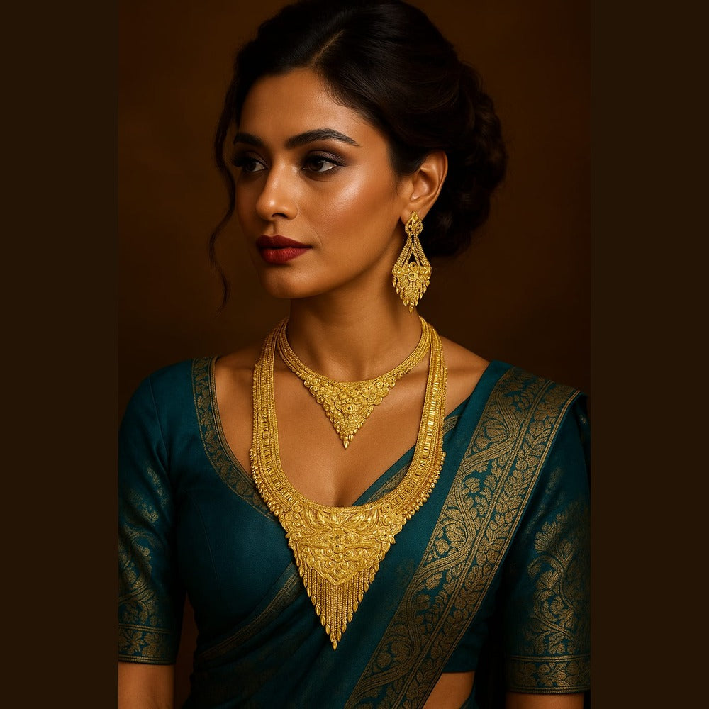 Exclusive Onegram Gold Heavy Ranihaar Double Necklace Set with Earrings | Bridal Long Temple-Style Design | Handmade Copper-Based